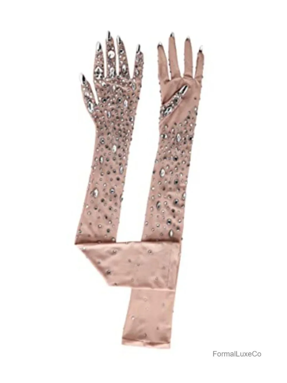 Rhinestone Sparkly Long Gloves - Mesh Sheer Elbow Length Opera Gloves with Nails